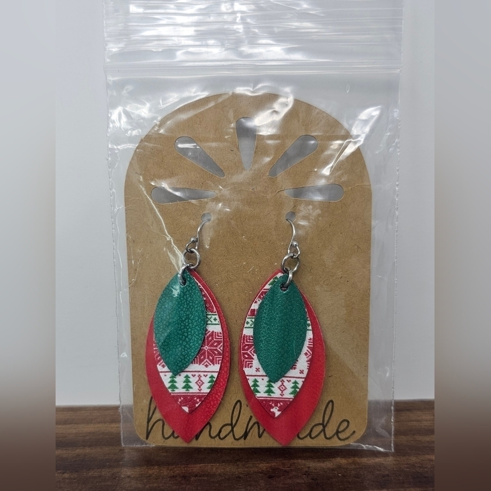 Handmade Womens Christmas Print Light Weight Faux Leather Triple Dangle Earrings